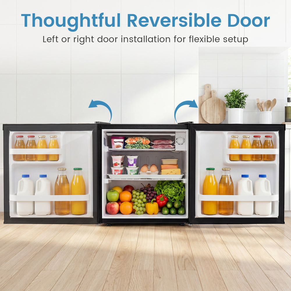 Compact mini fridge with reversible door, adjustable thermostat, and generous storage for versatile food preservation.