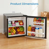 Compact mini fridge with adjustable thermostat, showcasing interior storage for drinks and food, measuring 17.5" x.
