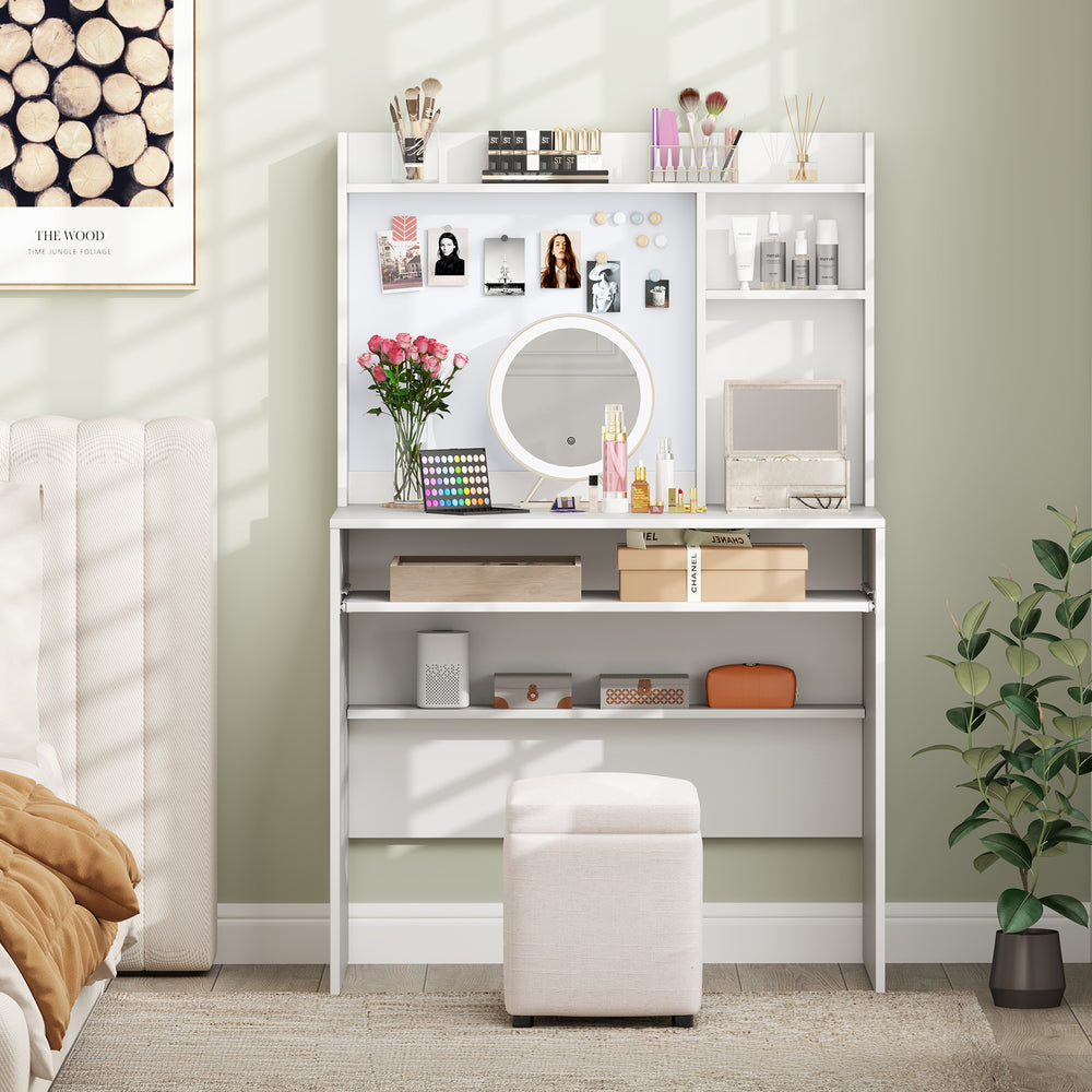 Compact white office desk with hutch, adjustable shelves, and pull-out keyboard tray for organized workspace.