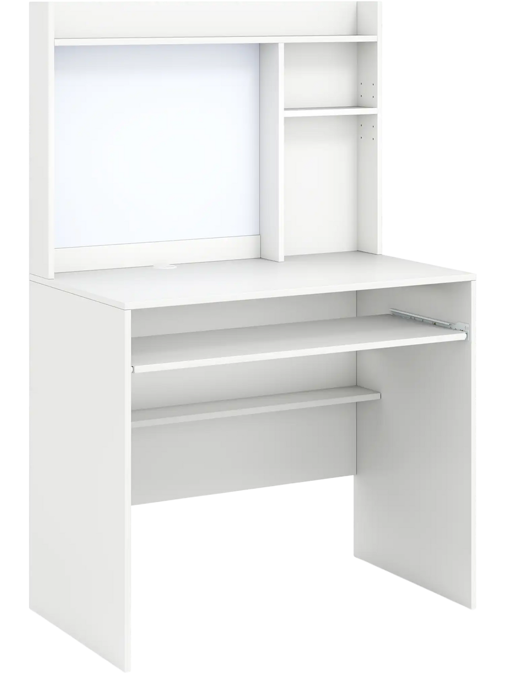Compact white office computer desk with hutch, pull-out keyboard tray, and adjustable shelf for organized workspace.