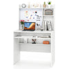 Compact office computer desk with hutch, showcasing a whiteboard and extra storage shelf for a clutter-free workspace.