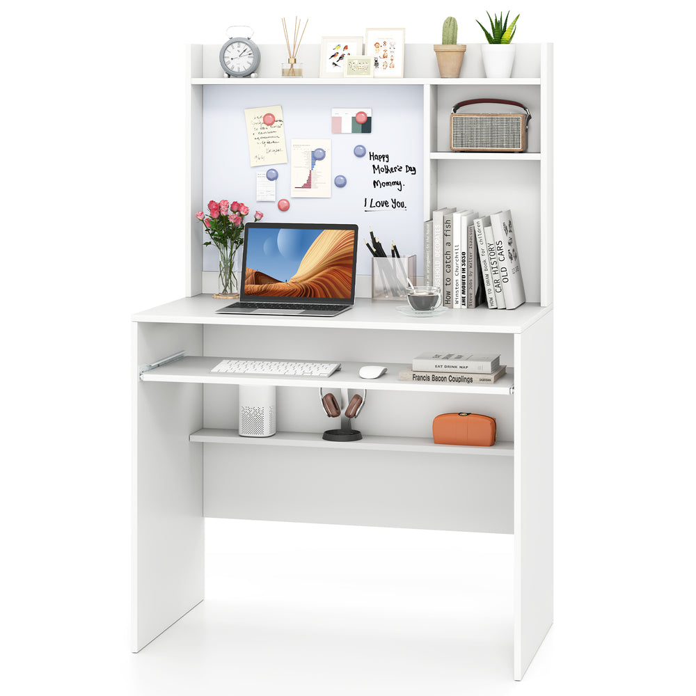 Compact office computer desk with hutch, showcasing a whiteboard and extra storage shelf for a clutter-free workspace.