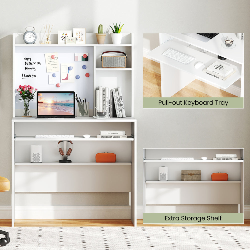 Compact office computer desk with hutch, featuring a pull-out keyboard tray and adjustable shelves for organized.