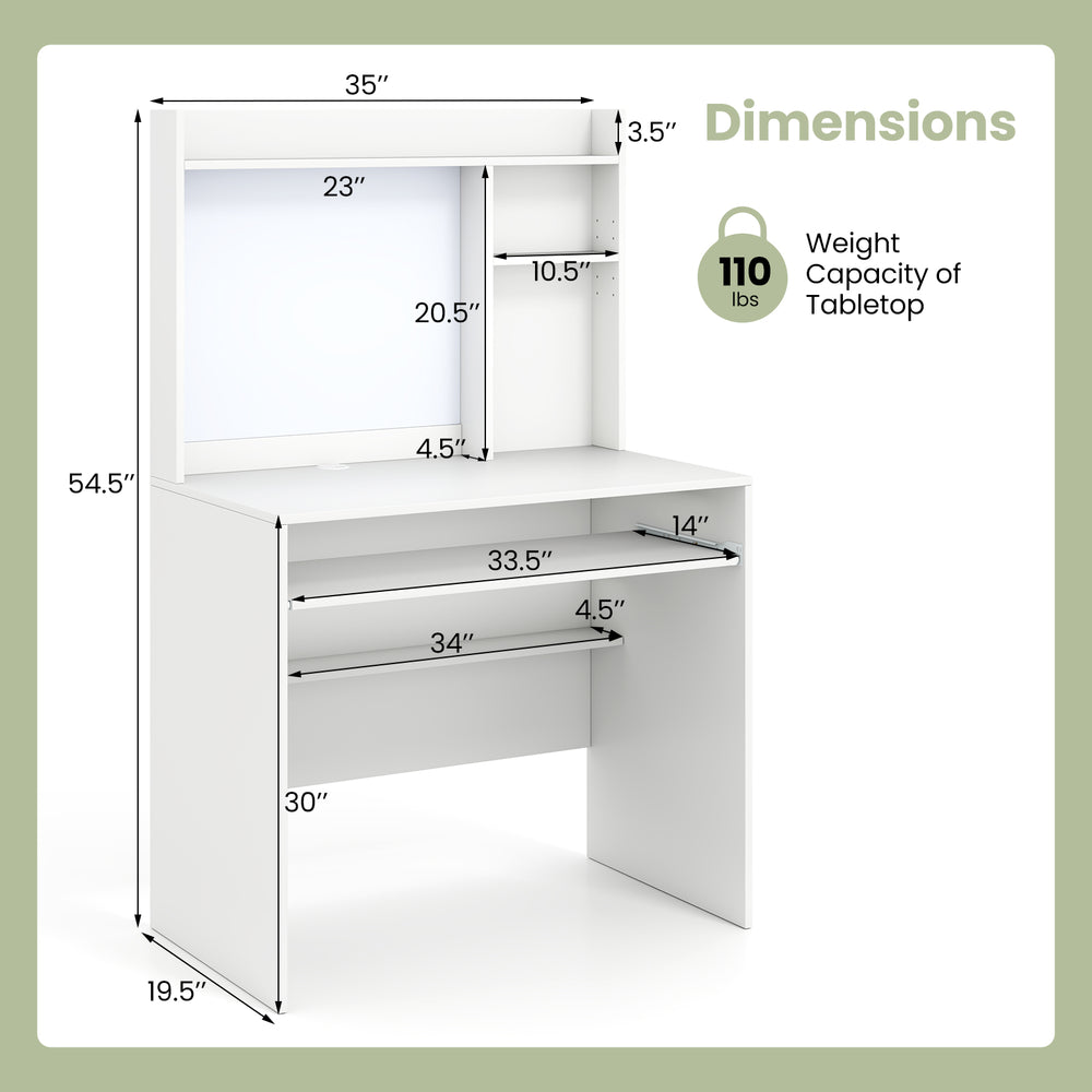 Compact office computer desk with hutch and whiteboard, featuring adjustable shelves and pull-out keyboard tray for.