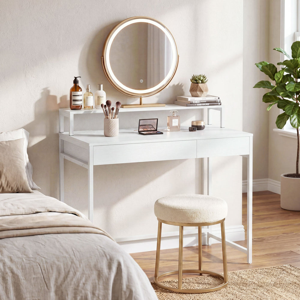 Compact white office desk with removable monitor shelf and dual-use drawer, perfect for a stylish workspace or vanity.