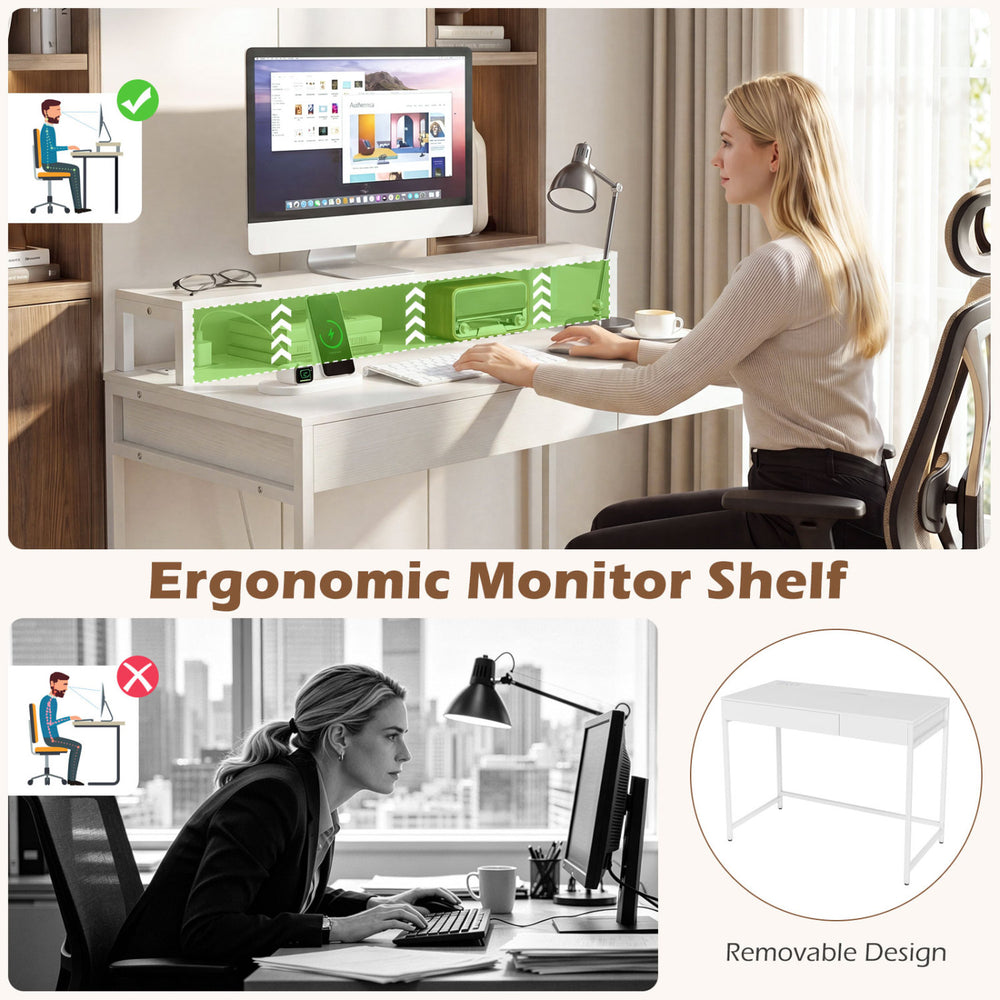 Compact office desk with removable monitor shelf, built-in power strip, and dual-use drawer for versatile workspace.