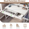 Compact office desk with a dual-function drawer for keyboard and mouse, featuring a removable monitor shelf in white.