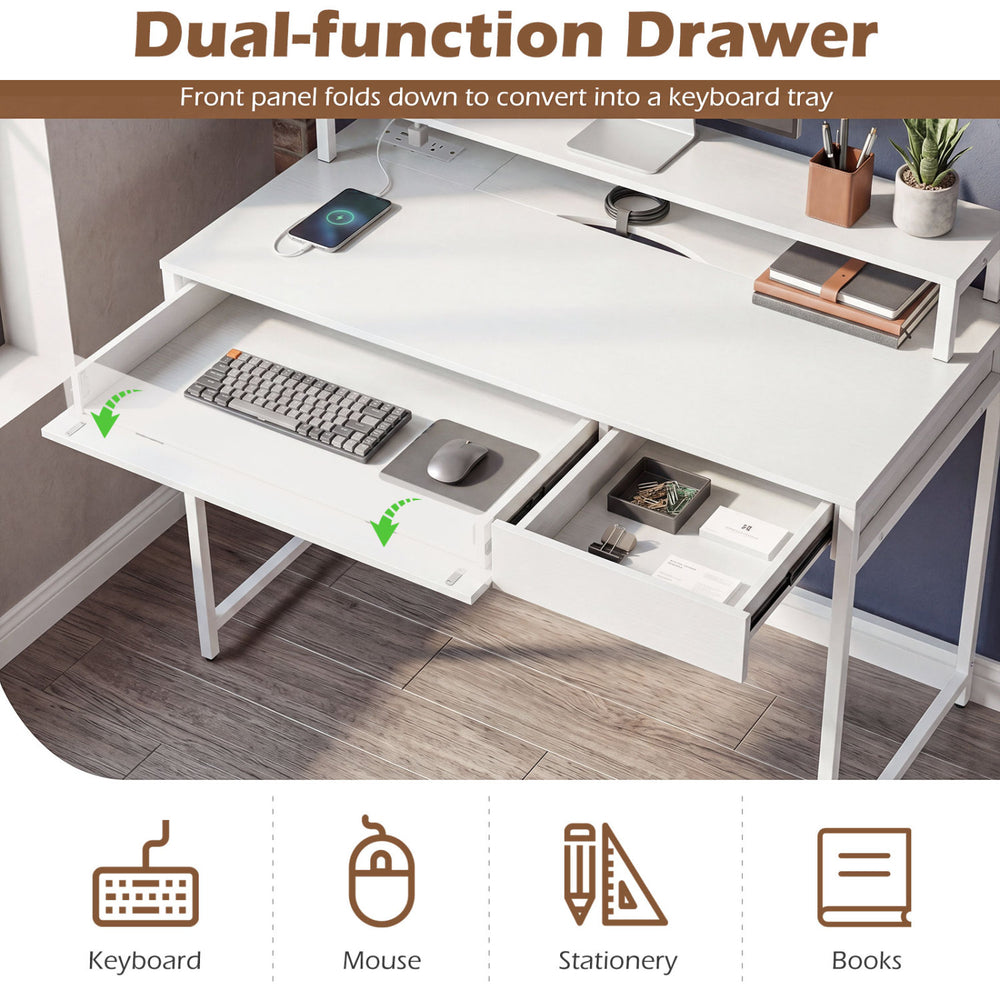 Compact office desk with a dual-function drawer for keyboard and mouse, featuring a removable monitor shelf in white.