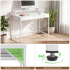 Compact office desk in white with removable monitor shelf, dual-use drawer, and adjustable foot pads for versatile use.