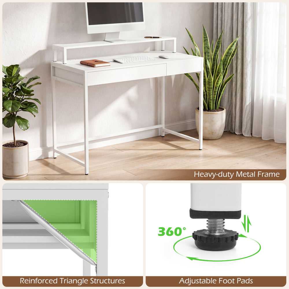 Compact office desk in white with removable monitor shelf, dual-use drawer, and adjustable foot pads for versatile use.