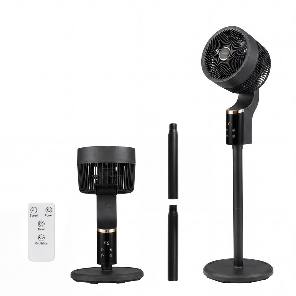 Compact oscillating standing fan with remote control, adjustable height, and lightweight design for easy portability.
