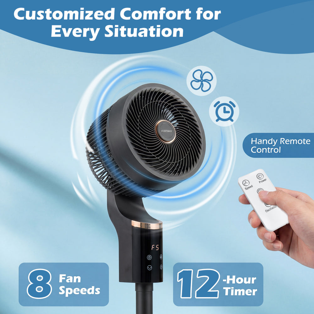 Compact oscillating standing fan in black with remote control, 8 speeds, and 70° oscillation for customized comfort.