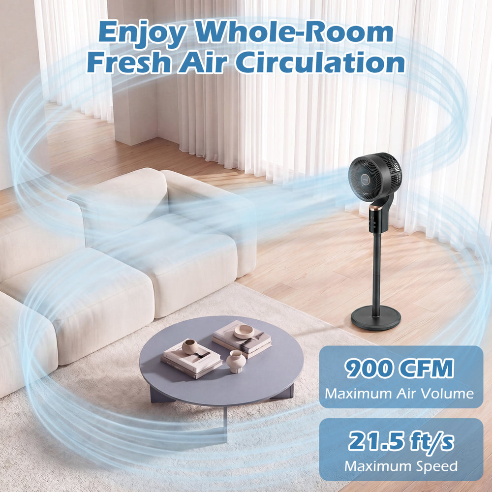 Compact oscillating standing fan in black with 70° oscillation and 90° tilt for home or office use, providing powerful.