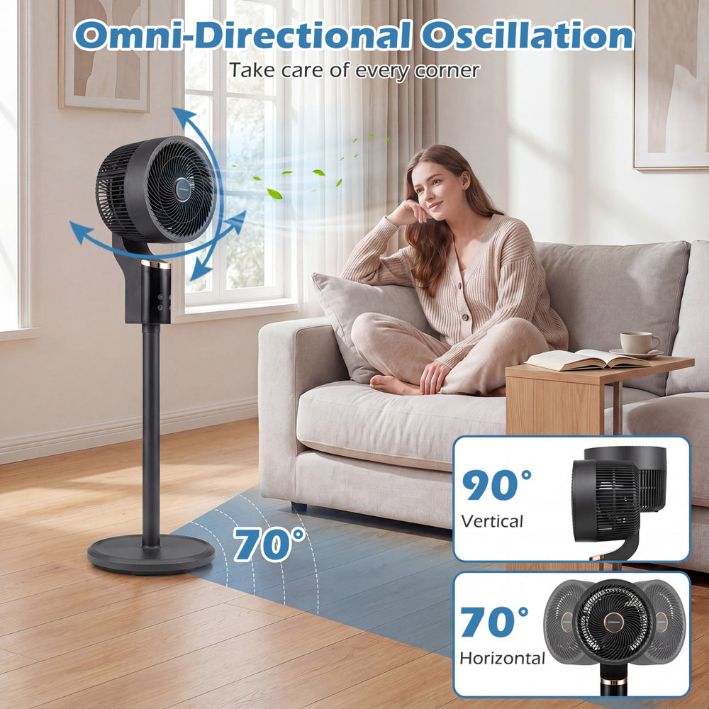 Compact oscillating standing fan in black with 70° oscillation and 90° tilt, perfect for home or office cooling.