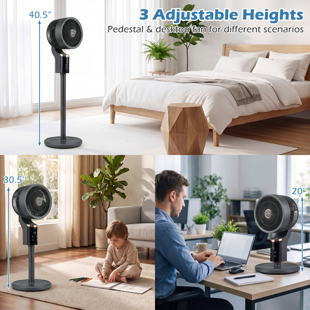 Compact oscillating standing fan in black with adjustable height, 70° oscillation, and 90° tilt for versatile cooling.