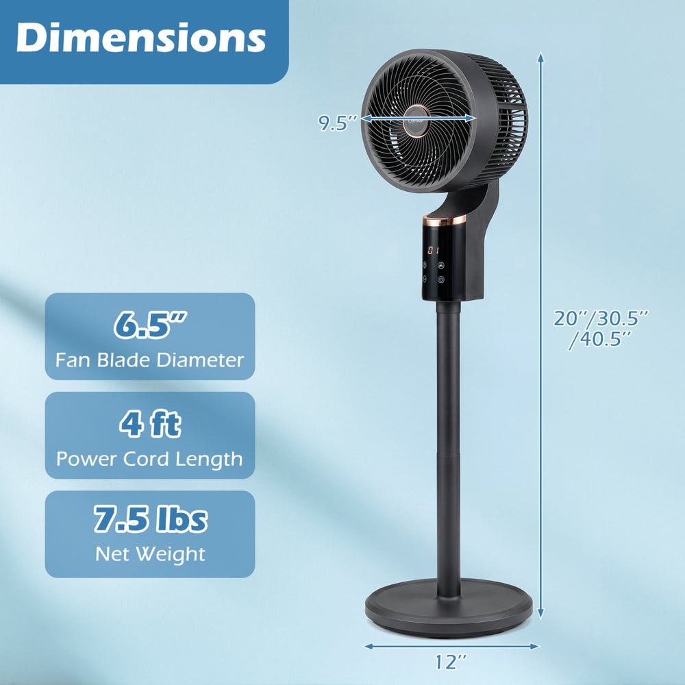 Compact oscillating standing fan in black with adjustable height, 70° oscillation, and 90° tilt for home office use.