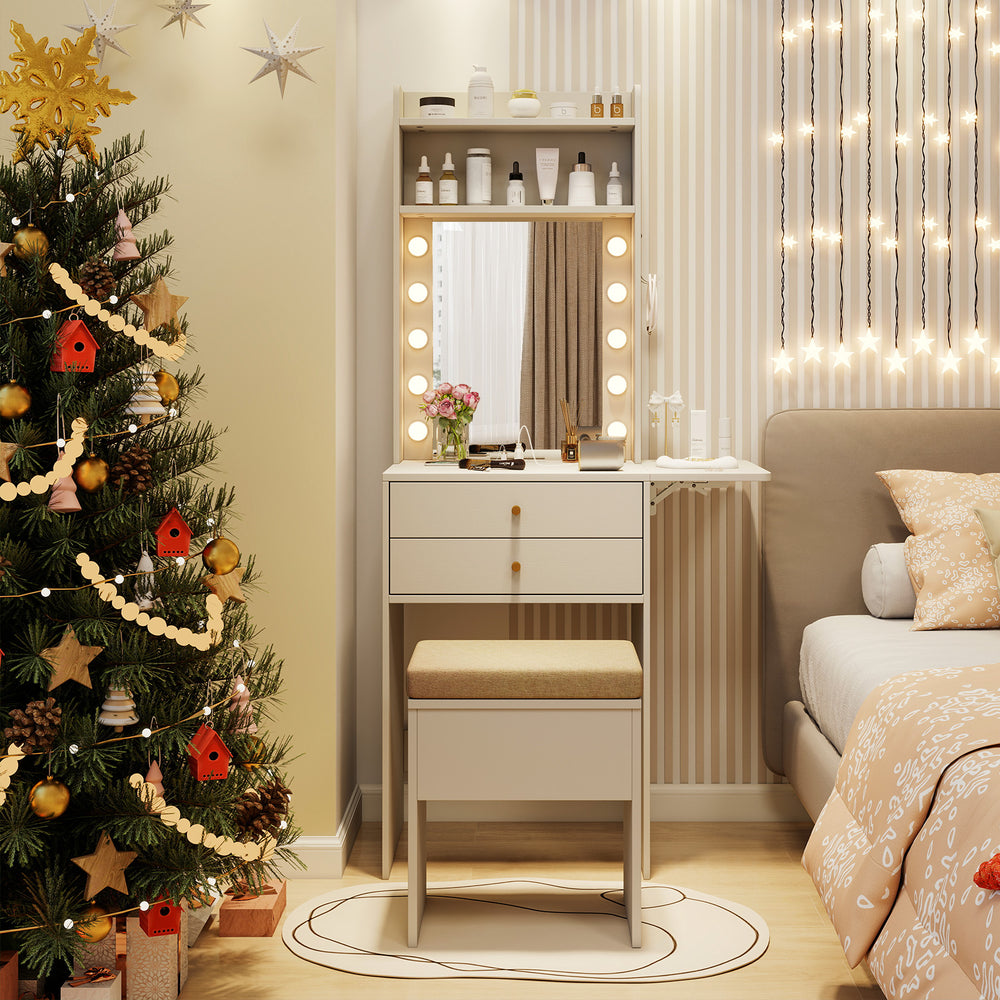 Compact Vanity Desk Set with 3-Color Lighted Mirror and Power Outlets-White - Gallery View 1 of 10