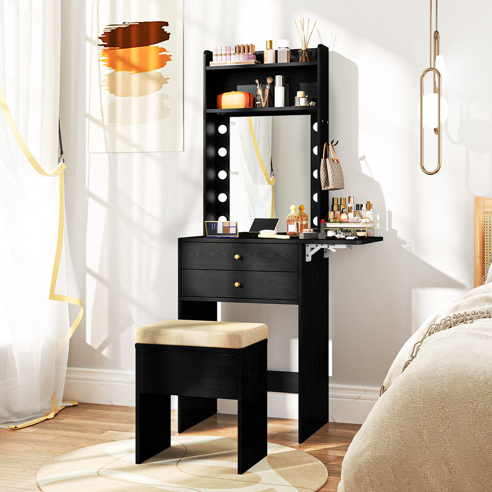 Compact black vanity desk set featuring a 3-color lighted mirror, storage drawers, and a soft stool for makeup.