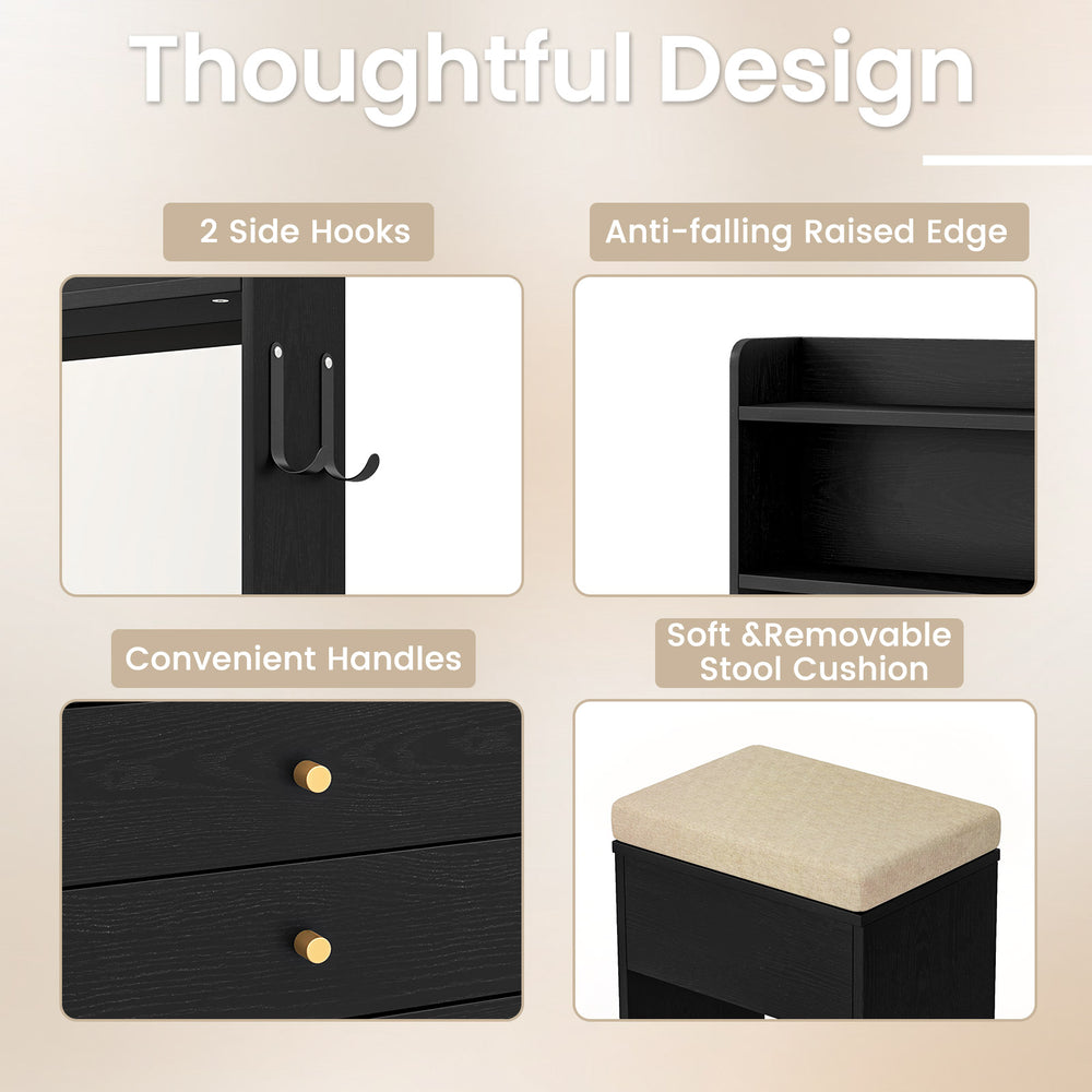 Compact vanity desk set features a lighted mirror, power outlets, and soft stool cushion for comfortable makeup.