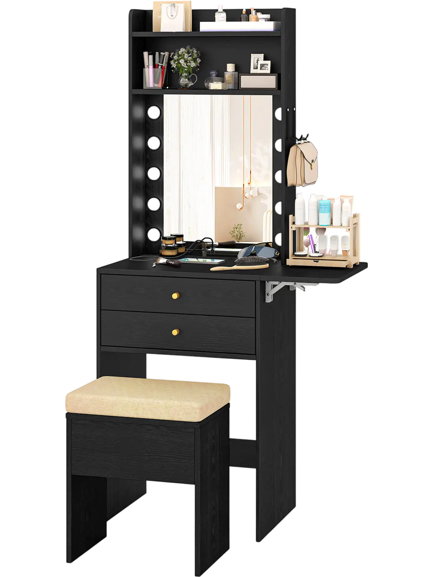 Costway Compact Vanity Desk Set Lighted Mirror Power Outlets 75682319 New