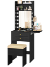 Compact vanity desk set in black with a lighted mirror, storage shelves, and a soft stool for makeup application.