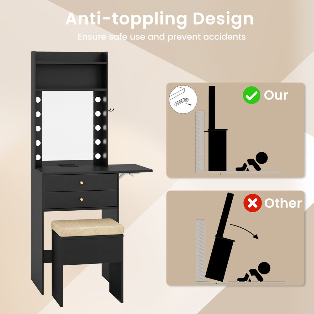 Compact vanity desk set in black with anti-toppling design, featuring a lighted mirror and spacious storage for makeup.