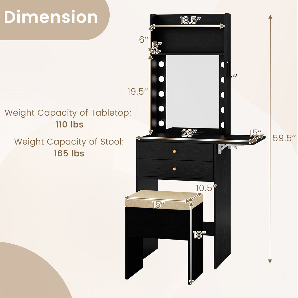 Compact vanity desk set with lighted mirror, power outlets, and storage dimensions for small spaces in black finish.