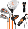 Complete golf club set for children aged 11-13, featuring a fairway wood, irons, putter, and stand bag in orange.