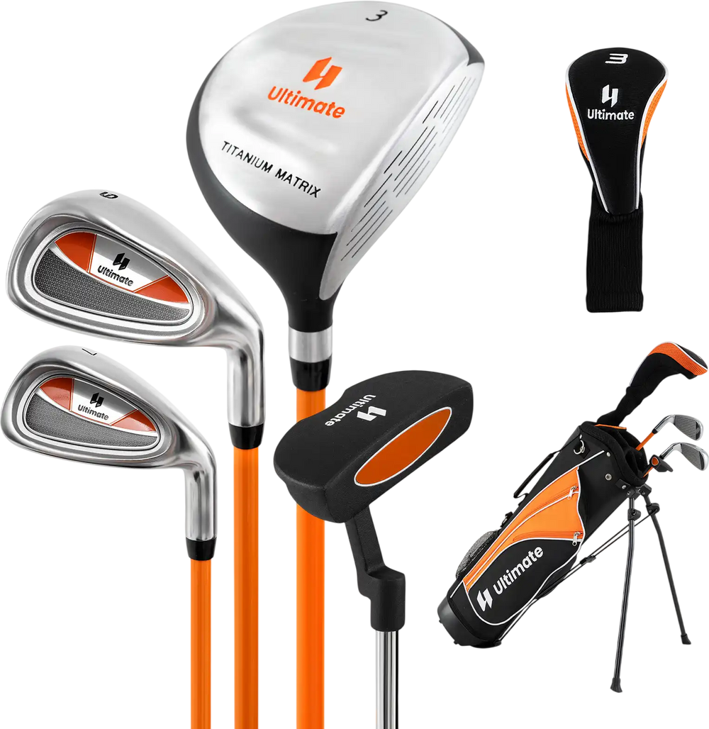 Complete golf club set for children aged 11-13, featuring a fairway wood, irons, putter, and stand bag in orange.