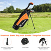 Junior golf stand bag in orange with anti-slip feet, designed for a complete golf club set for children aged 11-13.