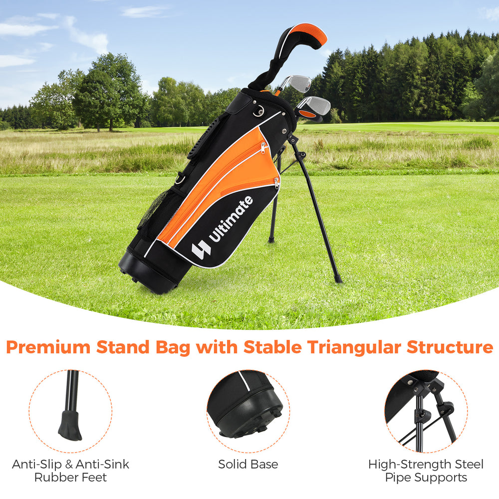 Junior golf stand bag in orange with anti-slip feet, designed for a complete golf club set for children aged 11-13.