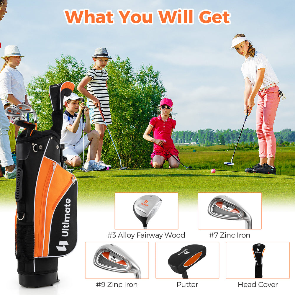 Complete golf club set for children aged 11-13, featuring fairway wood, irons, putter, and stand bag in orange.
