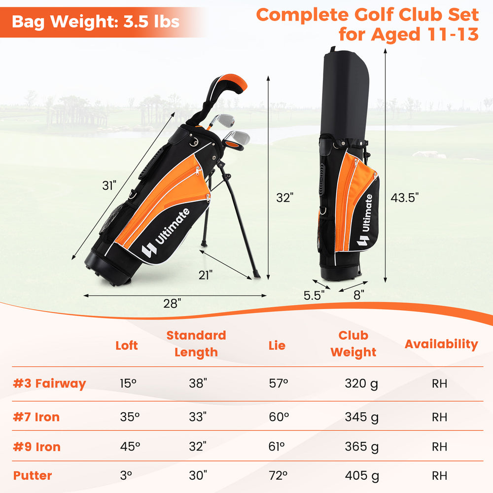 Complete golf club set for children aged 11-13 in orange, featuring a stand bag, fairway wood, irons, and putter.