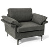 Fabric accent armchair in dark gray with plush cushions and sleek design, ideal for modern dining or living spaces.
