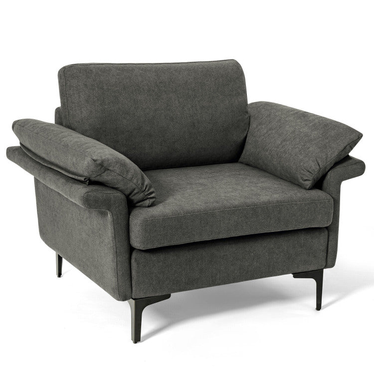 Fabric accent armchair in dark gray with plush cushions and sleek design, ideal for modern dining or living spaces.