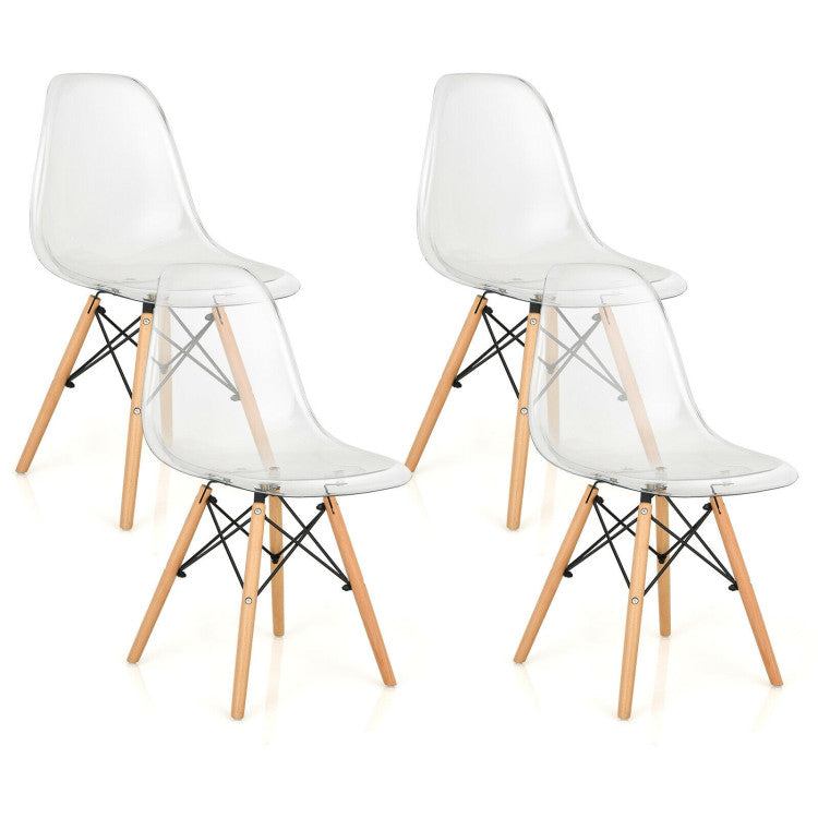 Set of 4 modern plastic dining chairs with ergonomic curved backs and wooden legs, ideal for dining rooms or kitchens.