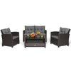 Four-piece patio conversation set featuring a loveseat and two chairs with gray cushions, perfect for outdoor lounging.