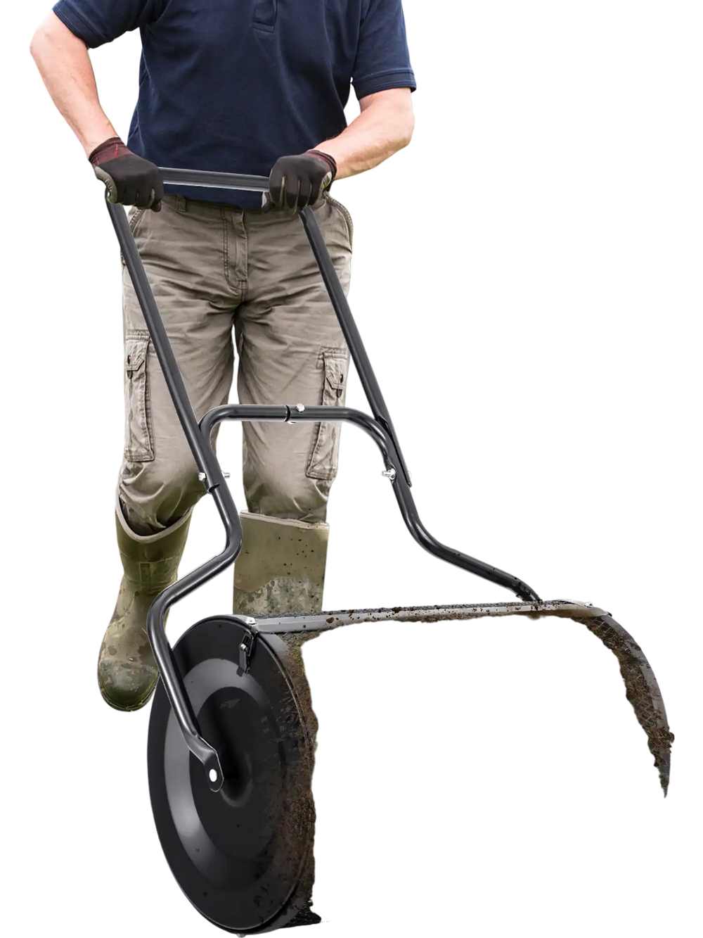 24” peat moss spreader with U-shape handle, showcasing even spreading of compost and peat moss in a garden setting.