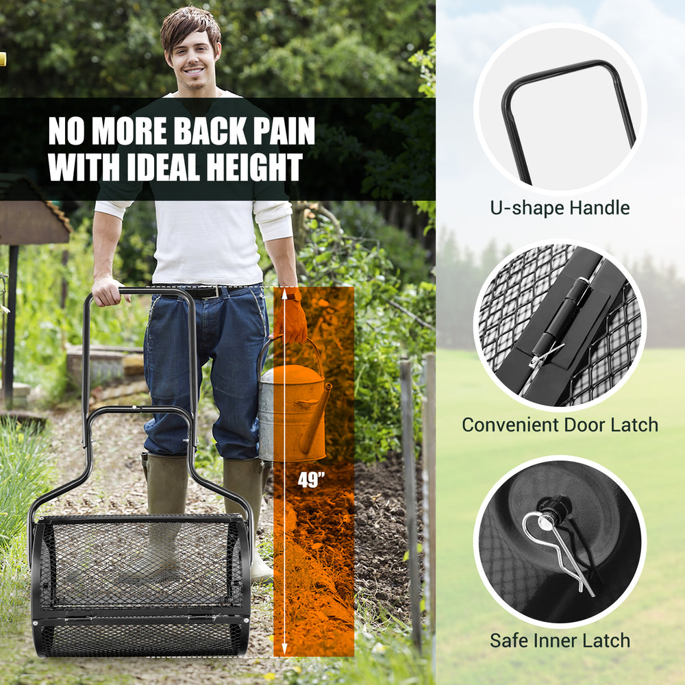24” peat moss spreader with U-shape handle and upgraded side latches for easy, efficient spreading of compost and sand.