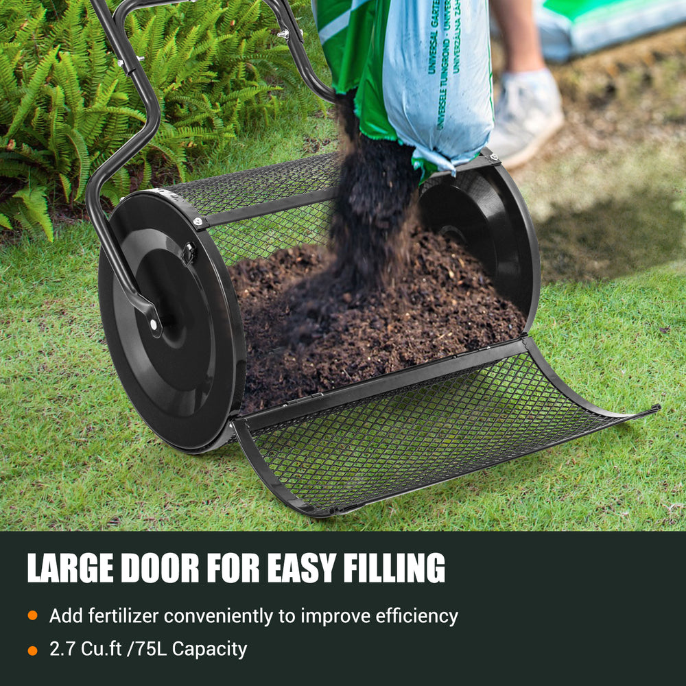 Peat moss spreader with large filling door, 2.7 Cu.ft capacity, and durable metal construction for efficient spreading.