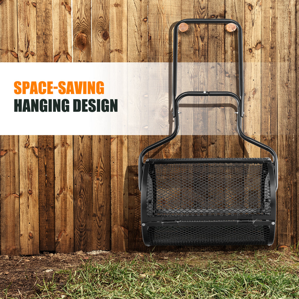 24” peat moss spreader with U-shape handle and space-saving hanging design for efficient compost and sand spreading.