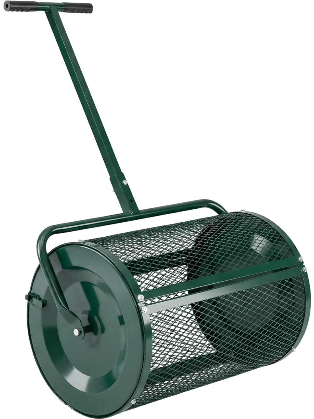 24-inch compost spreader roller in green with adjustable T-handle, designed for efficient soil and fertilizer spreading.