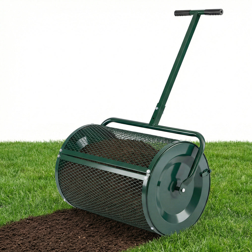 24-inch compost spreader with metal mesh basket, height-adjustable T-handle, ideal for garden and landscaping use.