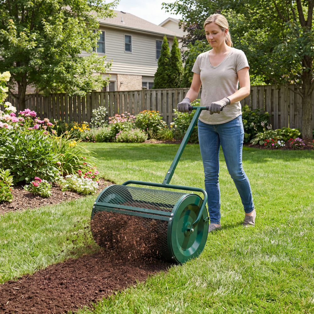 24-inch compost spreader roller with height-adjustable T-handle, ideal for efficient soil and fertilizer spreading in.