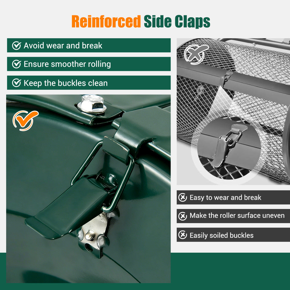 Reinforced side claps of the 24-inch compost spreader ensure durability and smooth operation for efficient spreading.