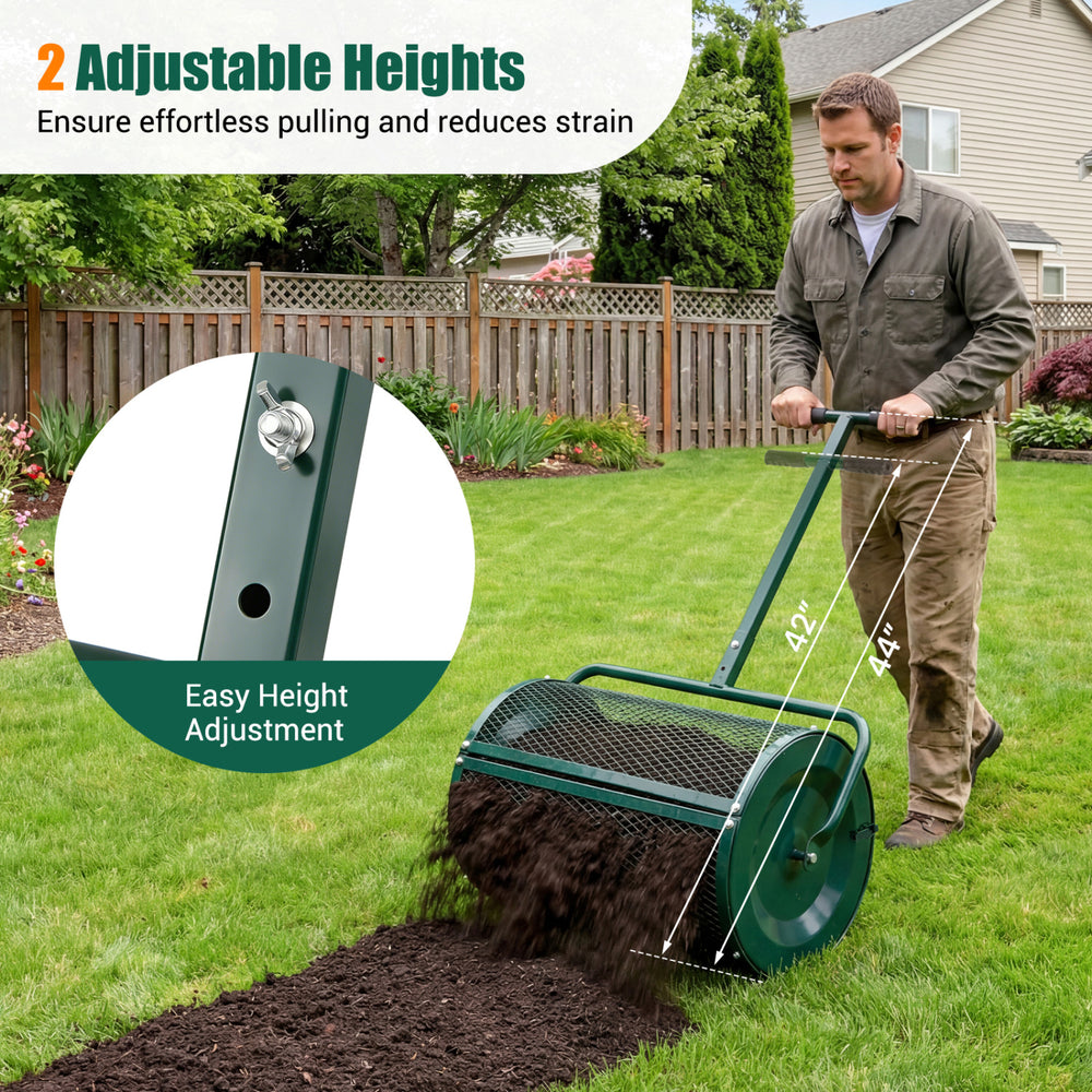 Compost spreader with height-adjustable T-handle, designed for easy filling and even spreading of soil or fertilizer.