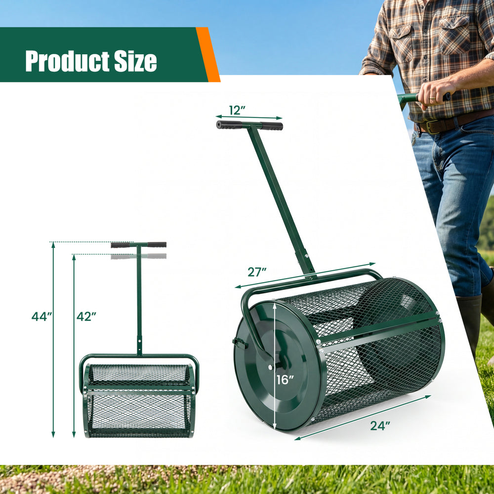 24-inch compost spreader roller with height-adjustable T-handle, ideal for efficient spreading in gardens or farms.