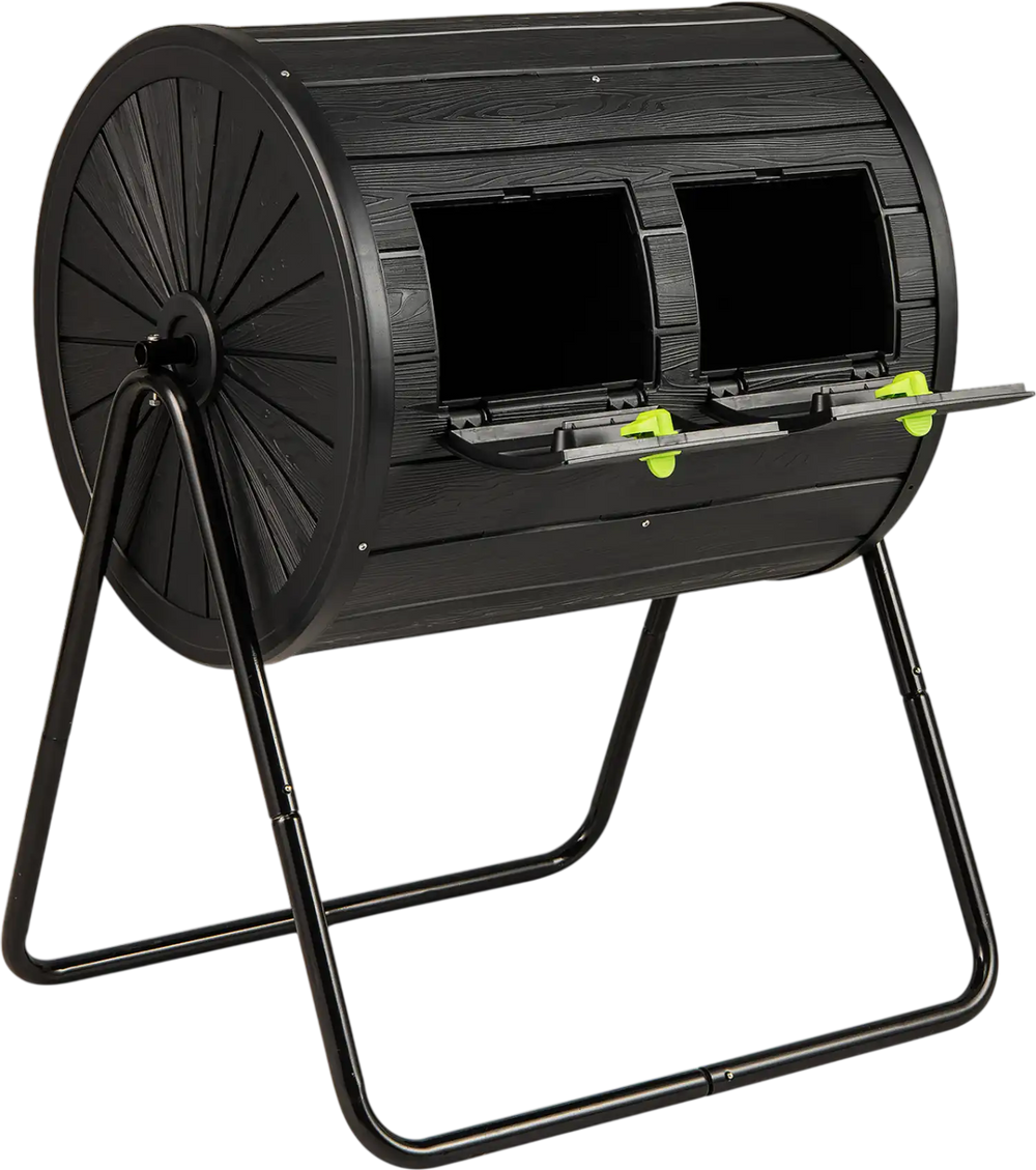 Large 37.5-gallon black compost tumbler with dual chambers and lockable doors for easy waste loading and efficient.