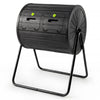 Large 37.5-gallon black compost tumbler with dual chambers and lockable doors for efficient outdoor composting.