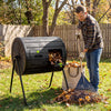 Compost tumbler with dual chambers, 37.5-gallon capacity, and easy rotation for efficient outdoor composting.
